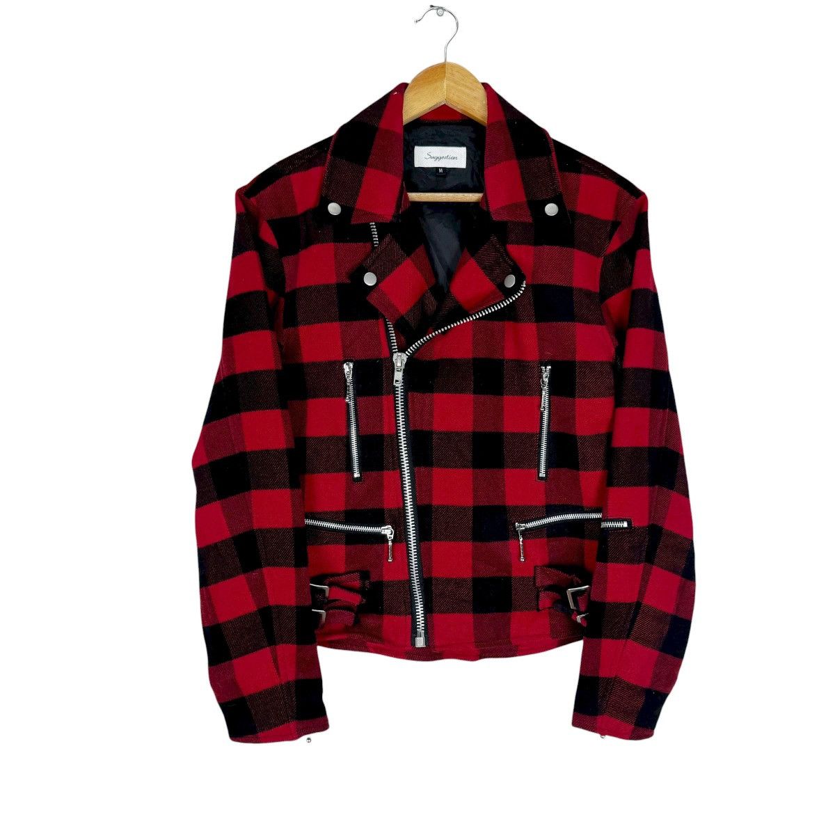 Japanese Brand 🌟SUGGESTION DOUBLE COLLAR RED TARTAN ZIPPER JACKET Size M / US 6-8 / IT 42-44 - 2 Thumbnail