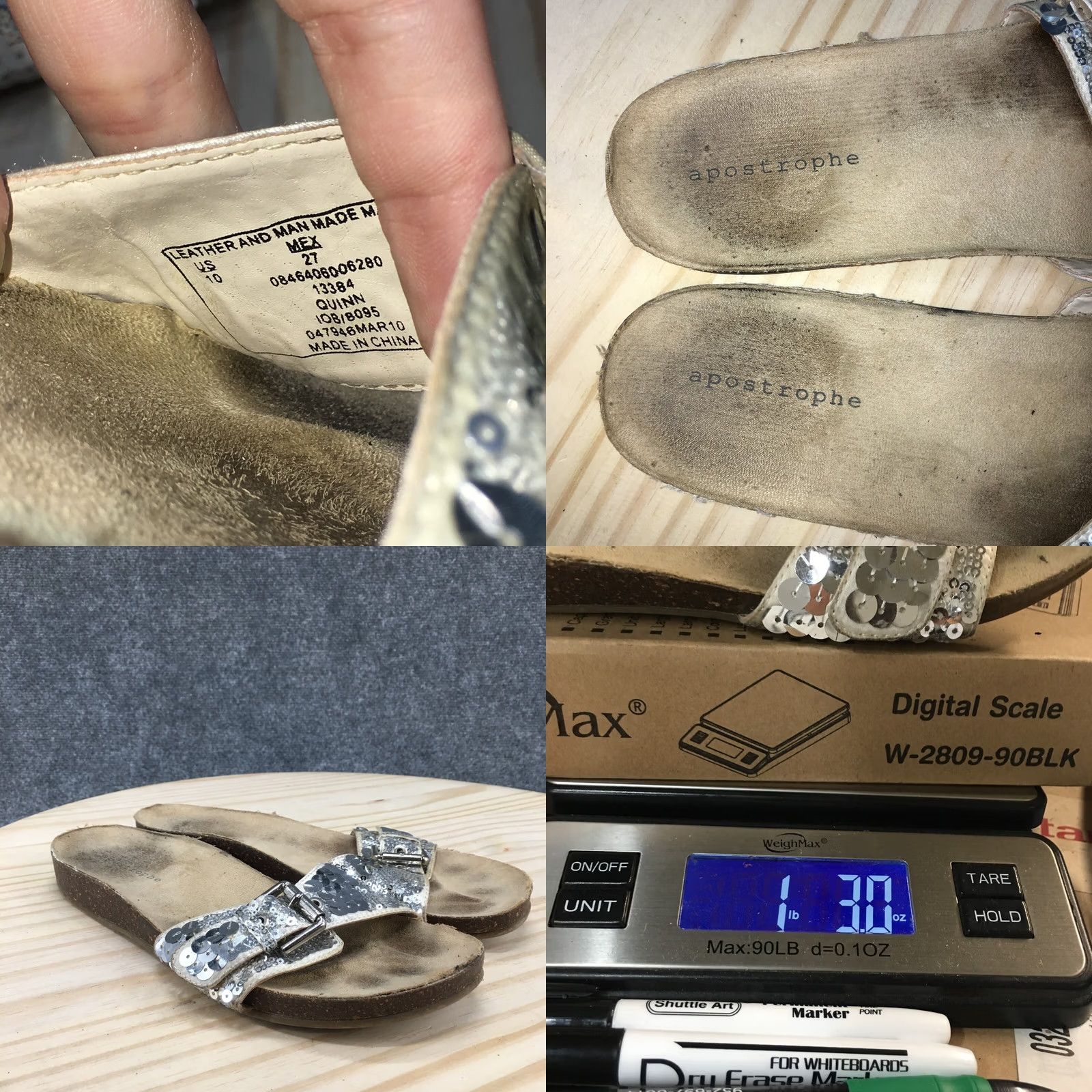 Vintage Apostrophe Sandals Womens 10 Sequin Slide Flats Slip On Leather Gray Silver Casual Flat Shoes Womens Size US 10 / IT 40 - 10 Thumbnail
