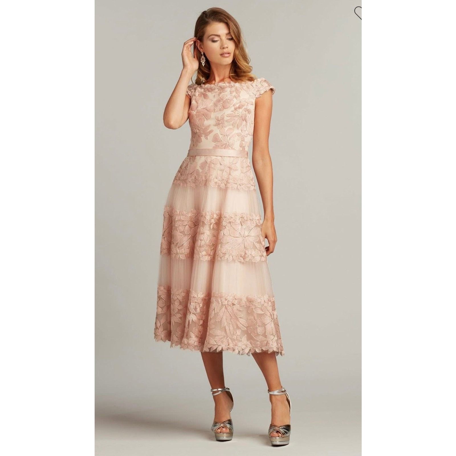 TADASHI SHOJI Adriane Floral Embroidered Dress Antique Sz 8
