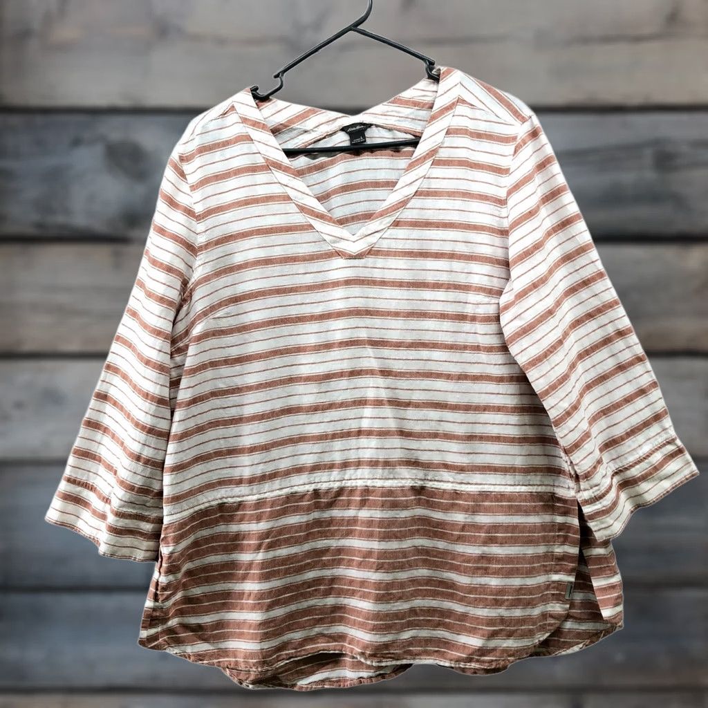 Eddie Bauer Eddie Bauer Blouse Womens L V-neck 3/4 Sleeve Linen Cotton Pink White Striped Shirt Casual Beach Classic Size L / US 10 / IT 46 - 1 Thumbnail