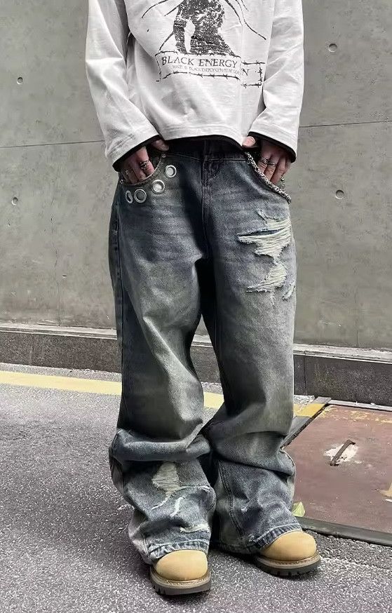 Japanese Brand × Jean Vintage Splicing Ring Button Micro Ripped Jeans Size US 32 / EU 48 - 2 Thumbnail