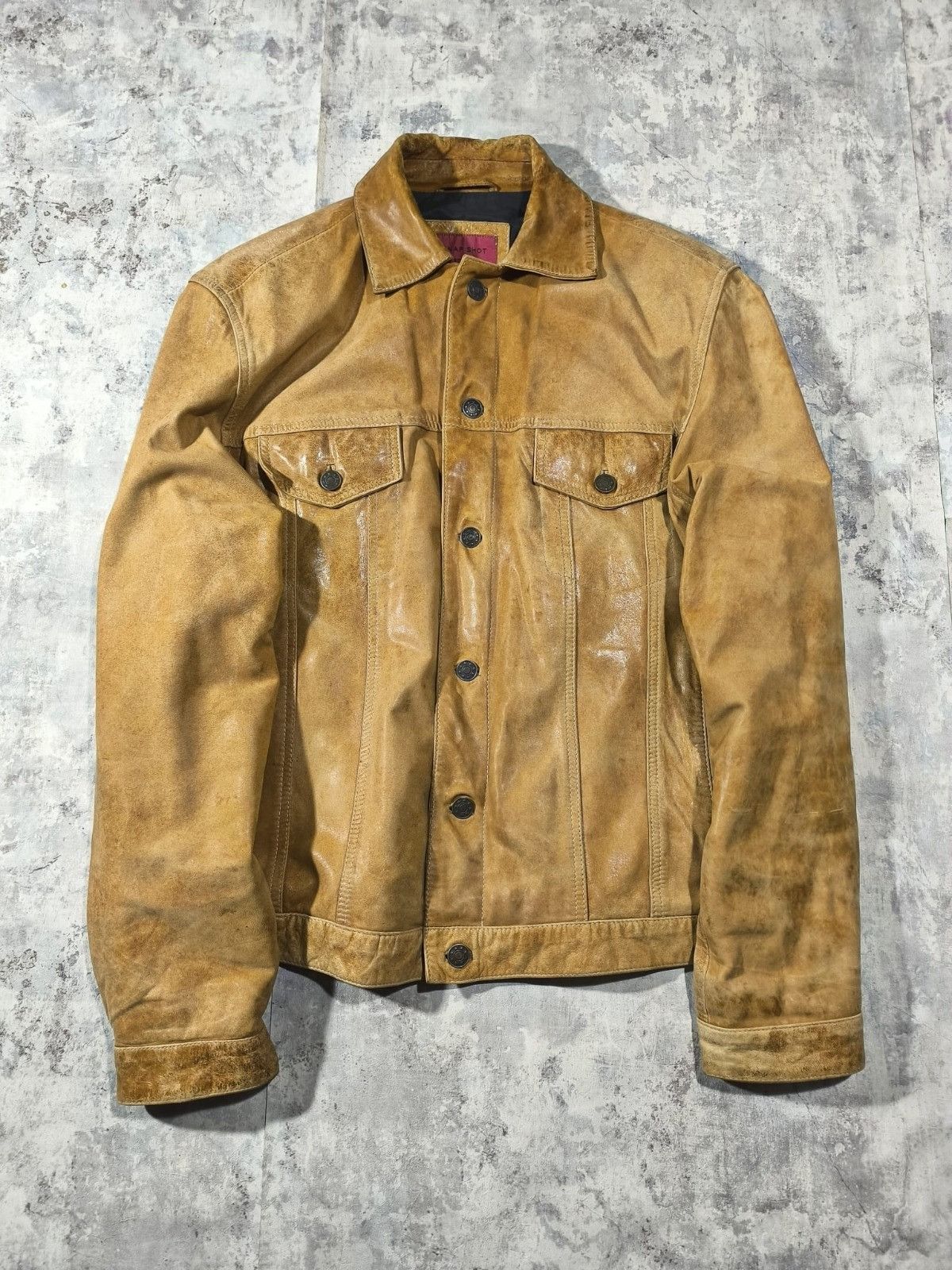 Leather Vtg Faded Distressed Leather Trucker Jacket Vintage 90s Size US L / EU 52-54 / 3 - 1 Thumbnail