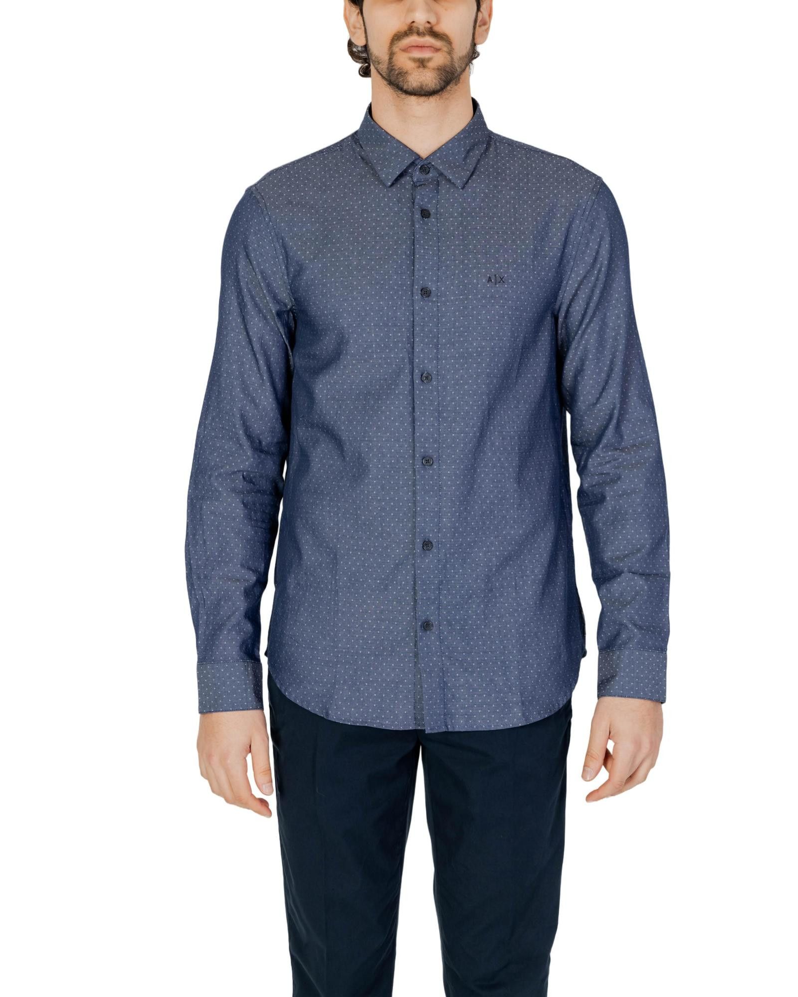 image of Armani Exchange Geometric Long-Sleeved Button Shirt in Blue, Men's (Size 2XL)