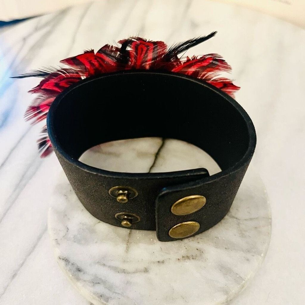 Jewelry Feather Wrap Bracelet Red Black Vegan Leather Snap Closure Size ONE SIZE - 2 Thumbnail