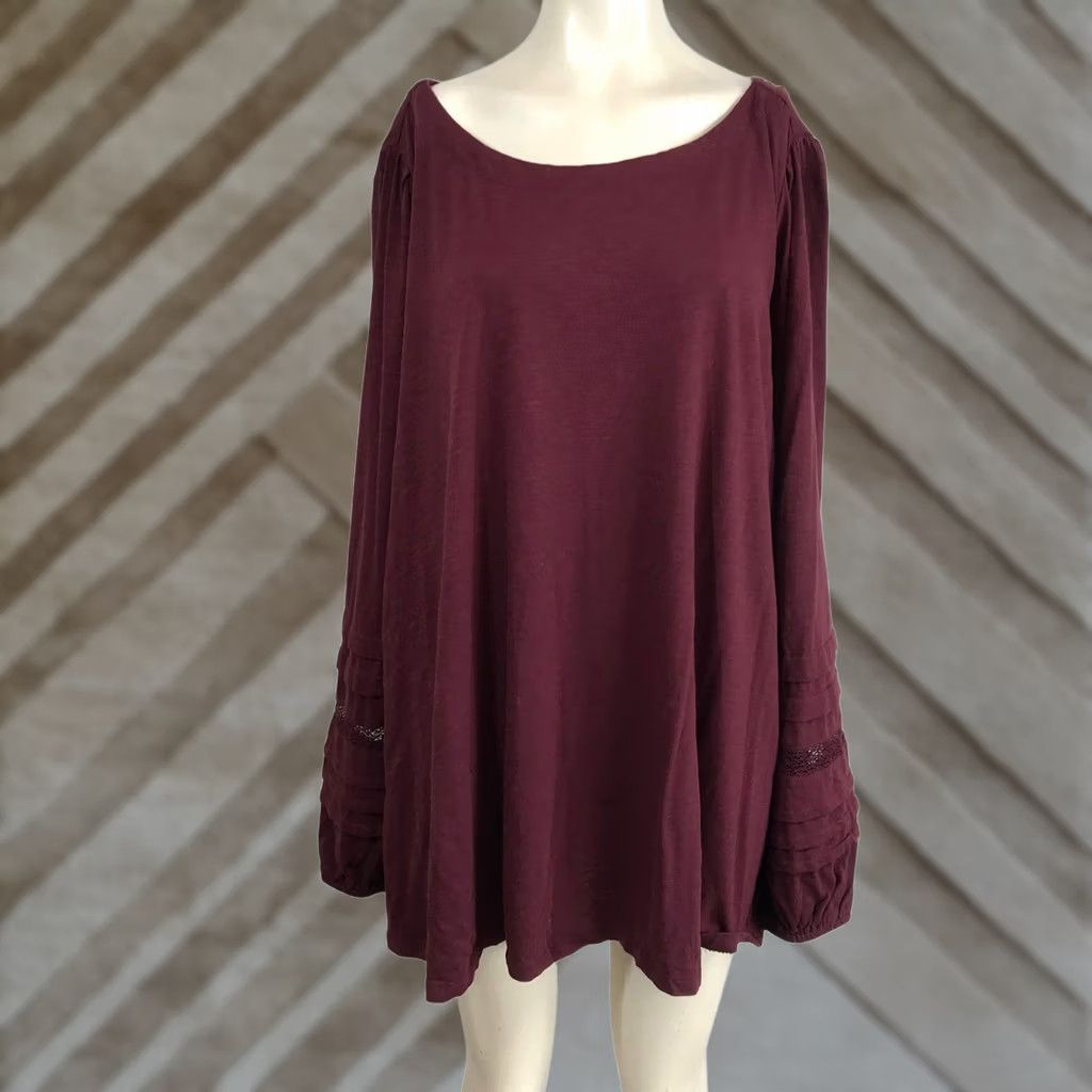 Vintage Lane Bryant Plus Size 26 28 Burgundy Long Sleeve Lace Detail Tunic Top Size 4XL / US 24-26 - 1 Thumbnail