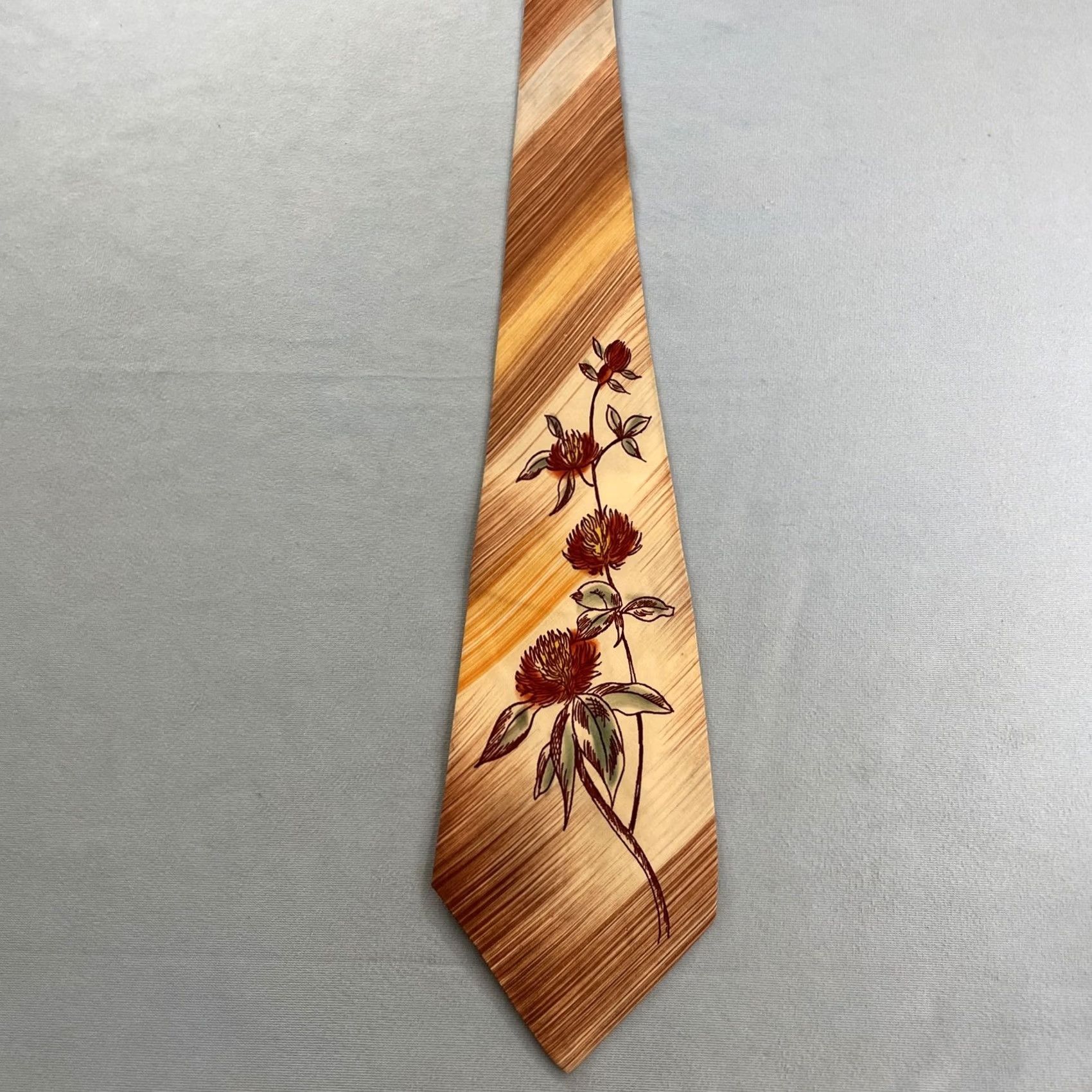 MCM Vtg Towncraft Delux Tie Floral Striped MCM Deco 4.2x51 Brown USA Hand Painted Neckwear Men’s One Size 101 Size ONE SIZE - 5 Thumbnail