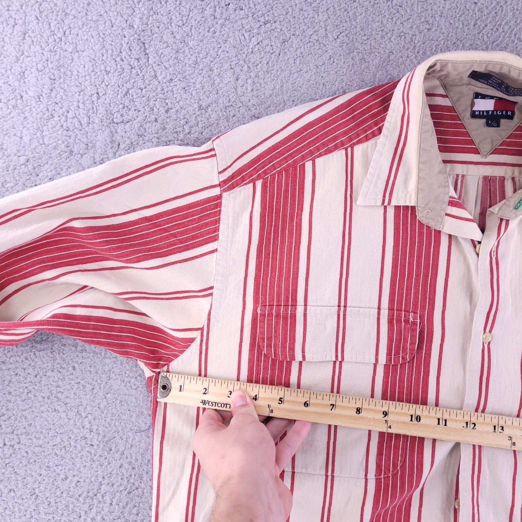 Tommy Hilfiger VINTAGE Tommy Hilfiger Shirt Mens XL Red Stripe Retro Button Long Sleeve Bowling Size US XL / EU 56 / 4 - 7 Thumbnail