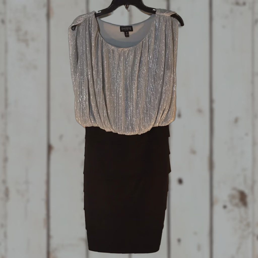 Vintage Enfocus Studio Layered Fitted Dress Womens Size 12 Silver Black Metallic Sheath Sleeveless Size XL / US 12-14 / IT 48-50 - 1 Thumbnail