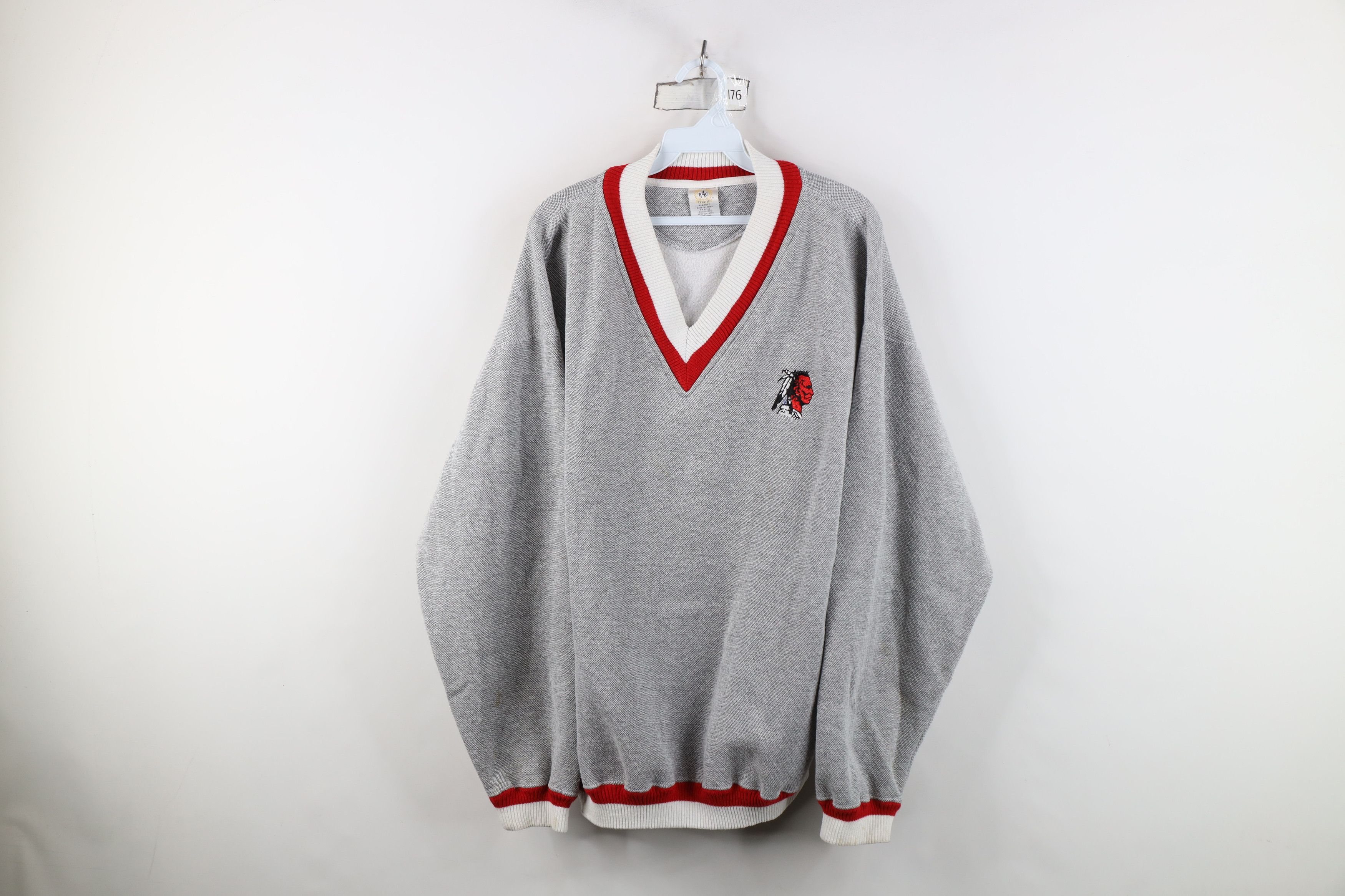 Vintage Vintage 90s Streetwear Indian Head V-Neck Sweatshirt Gray Size US XL / EU 56 / 4 - 1 Thumbnail