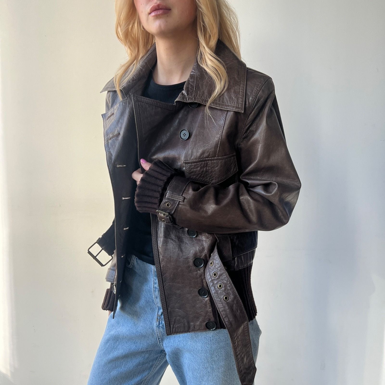 Genuine Leather Vintage Lamb Leather Belted Double Breasted Jacket 0010BC Size M / US 6-8 / IT 42-44 - 1 Thumbnail