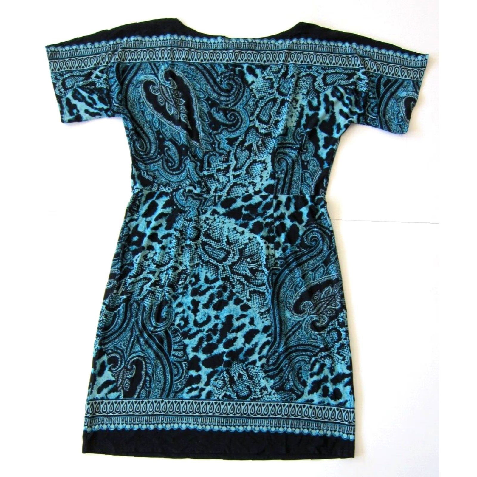 Vintage Perceptions New York Snake Print Stretch Sheath Tunic Dress 14 Black Blue Green Short Sleeve Round Neck Midi Dress Womens Size XL / US 12-14 / IT 48-50 - 2 Thumbnail
