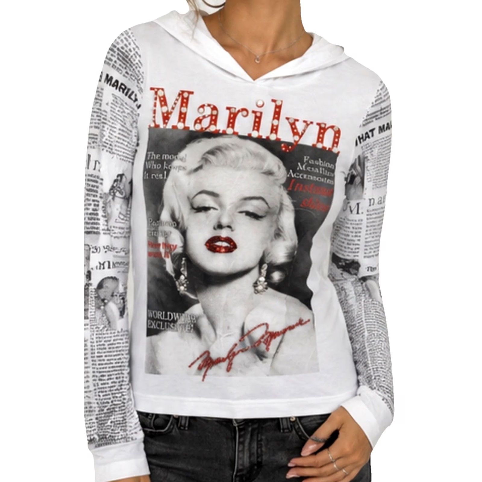 Vintage Marilyn Monroe Graphic Hoodie Women’s XS White Y2K Newspaper Print Rhinestone Size XS / US 0-2 / IT 36-38 - 2 Thumbnail