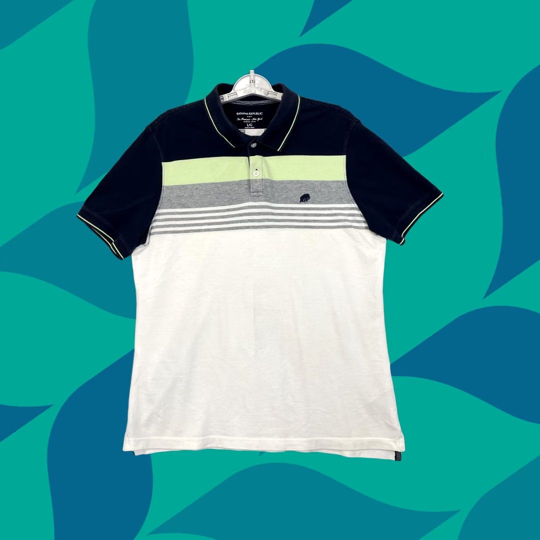 Banana Republic Banana Republic Polo Shirt Mens L Navy Gray Green Stripe Pique Cotton Logo Embroidered Short Sleeve Striped All Seasons Size US L / EU 52-54 / 3 - 1 Thumbnail