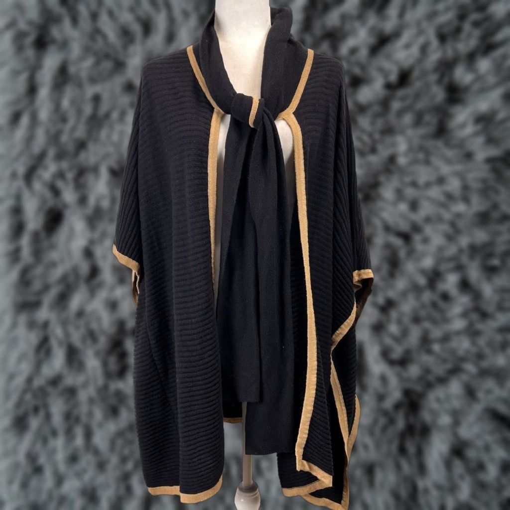 Camel August Silk Cape Knit Cardigan Sweater Sz S GUC Black Camel Attached Scarf Tie Size S / US 4 / IT 40 - 1 Thumbnail