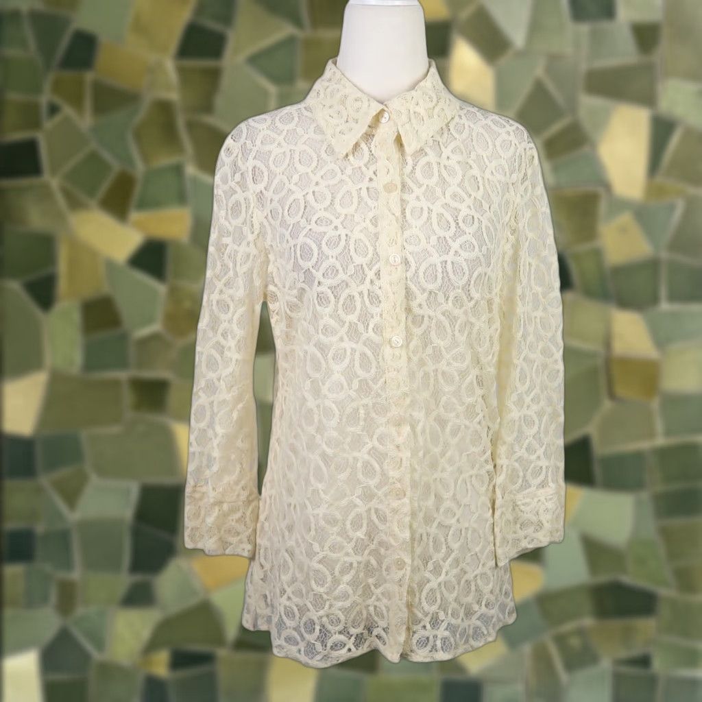Vintage VINTAGE Notations Cream Sheer Swirl Lace Button-Down Blouse Top M Women Long Sleeve Button-Up Casual 90s Bohemian Cotton Nylon Size M / US 6-8 / IT 42-44 - 1 Thumbnail
