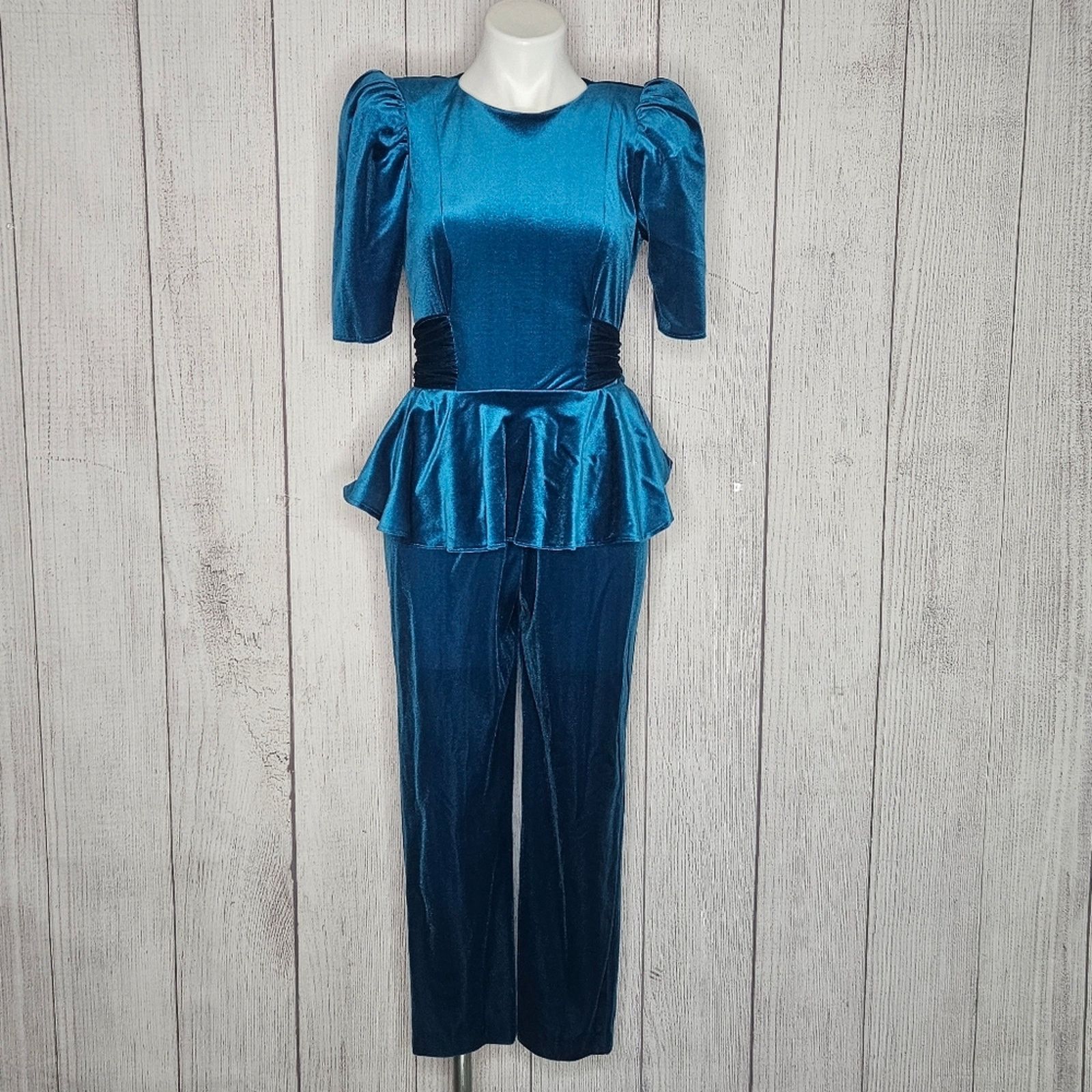 Vintage VTG 80s Teal Velvet Peplum Waist Jumpsuit with Open Back Size 28" / US 6 / IT 42 - 2 Thumbnail