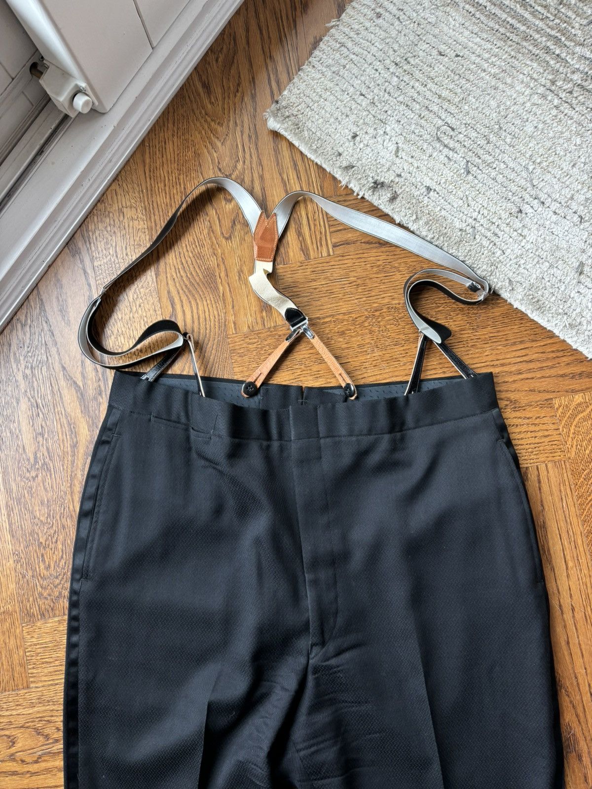 Vintage 1970s Two Piece Suit Vintage Suspender Pants Satin Lapel Size 50R - 8 Thumbnail