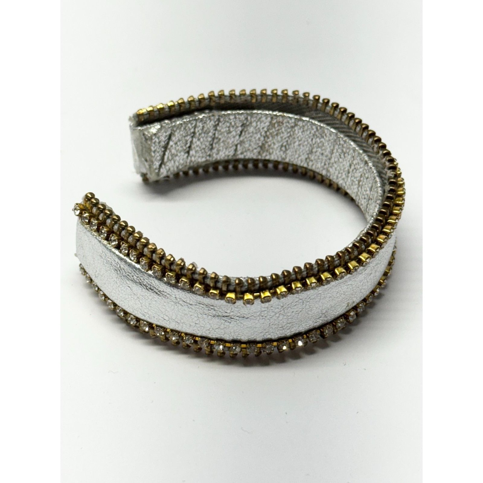 Vintage Vintage silver leather zipper rhinestone cuff bracelet Size ONE SIZE - 4 Thumbnail