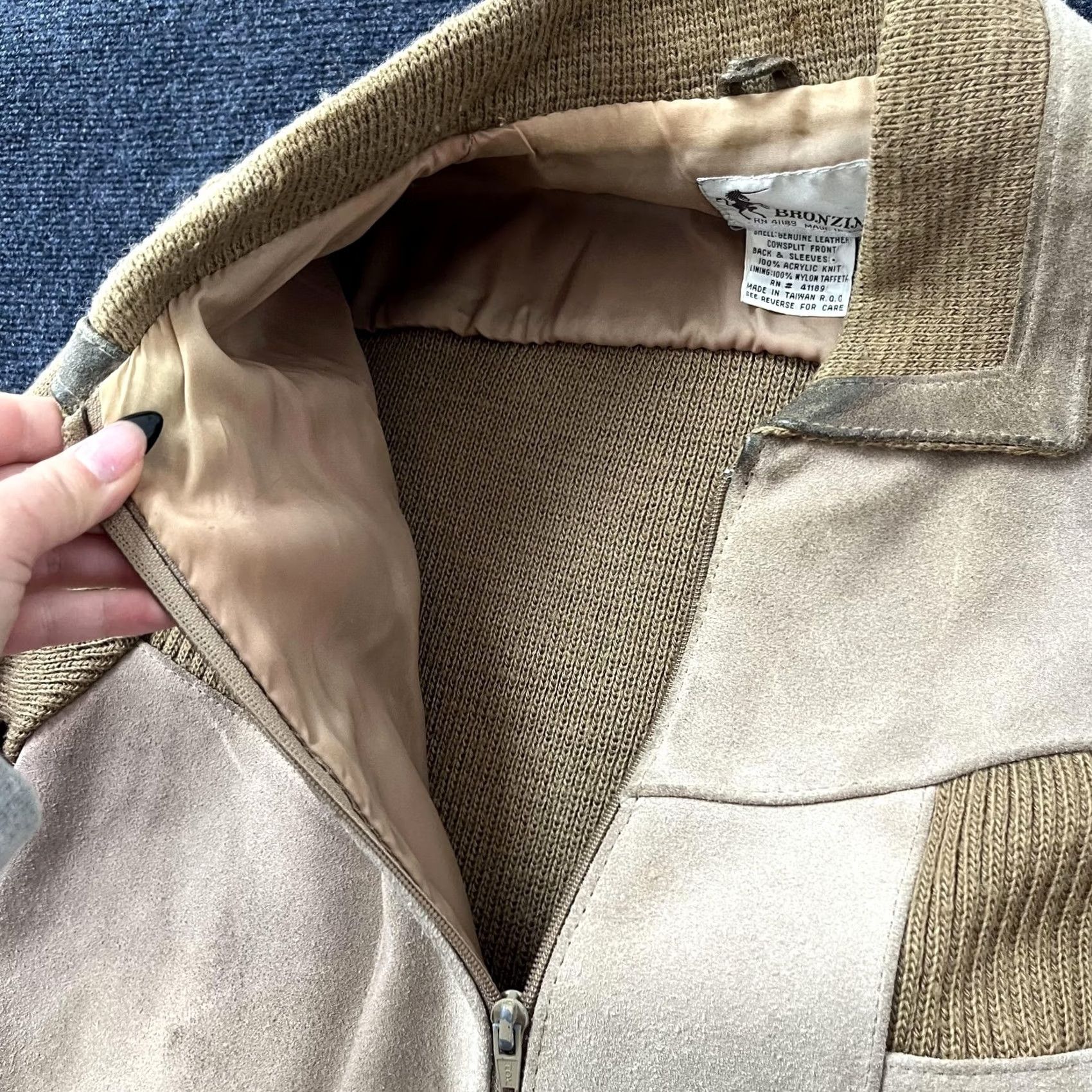 Vintage VINTAGE Bronzini Leather Knit Jacket Mens Large Tan Suede Zip Bomber 80s 90s Size US L / EU 52-54 / 3 - 7 Thumbnail