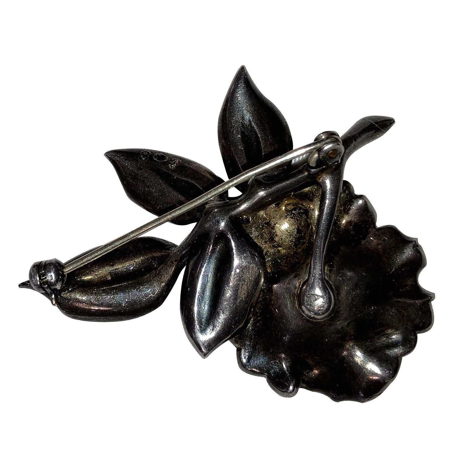 Designer Art Deco 800 Silver Marcasite Flower with Leaves Pin Brooch Size ONE SIZE - 5 Thumbnail