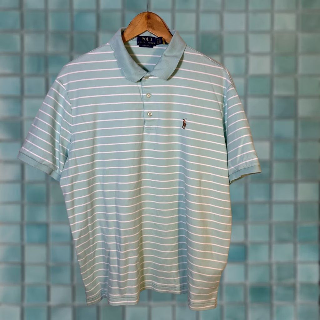 Polo Ralph Lauren Polo Ralph Lauren Mens XL Classic Fit Mint Green White Striped Cotton Polo Shirt Size US XL / EU 56 / 4 - 1 Thumbnail
