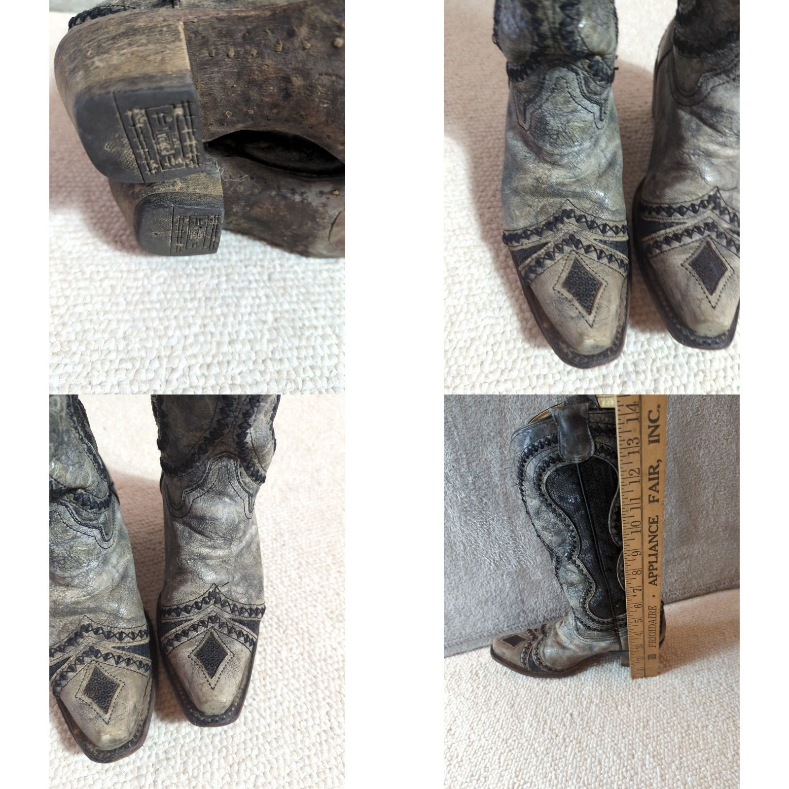 Vintage Corral Boots Cowgirl Western Leather Snip Toe Black Gray Inlay 7M Mid Calf Size US 7 / IT 37 - 10 Thumbnail