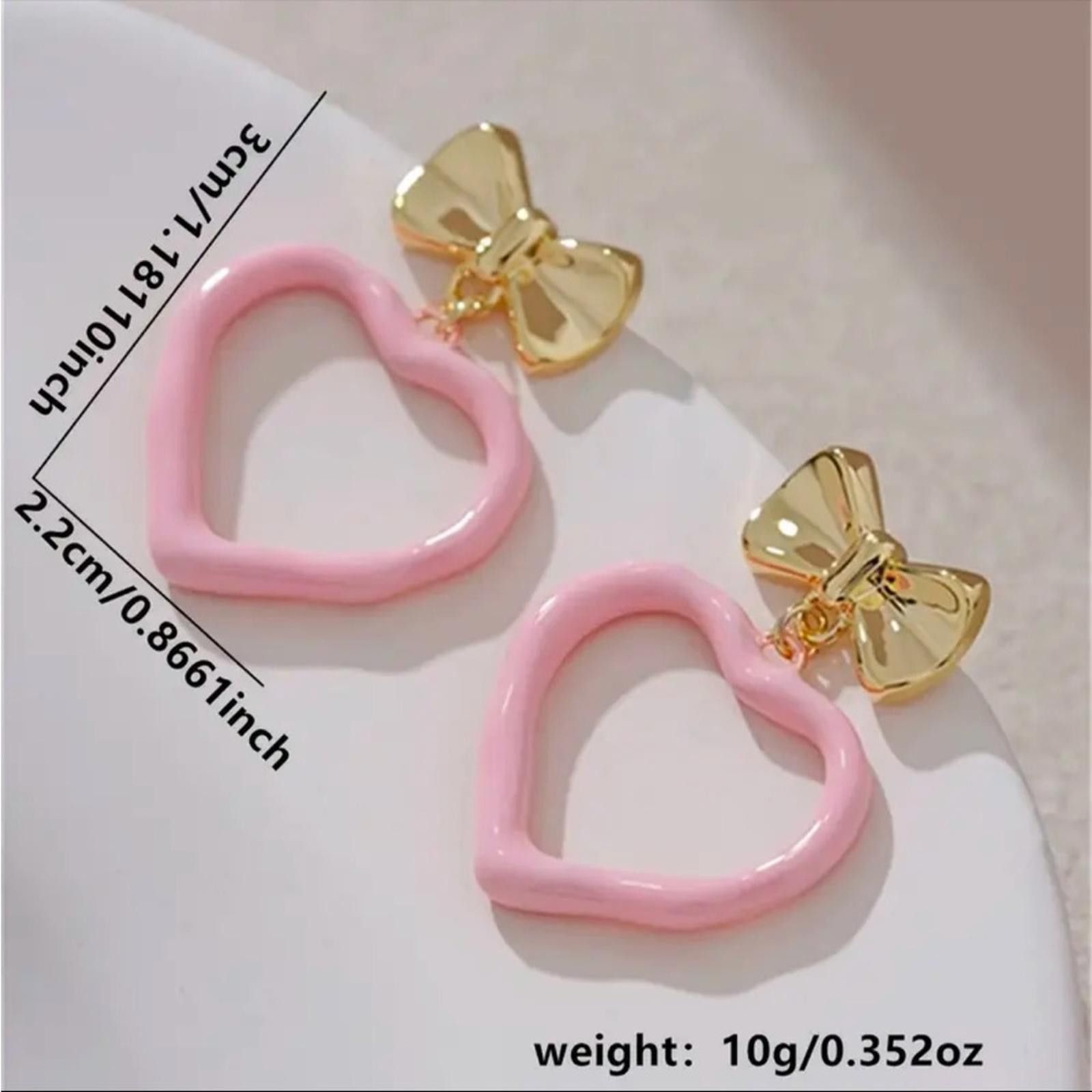 Designer Pink and Gold Bow Heart Coquette Earrings Size ONE SIZE - 5 Thumbnail