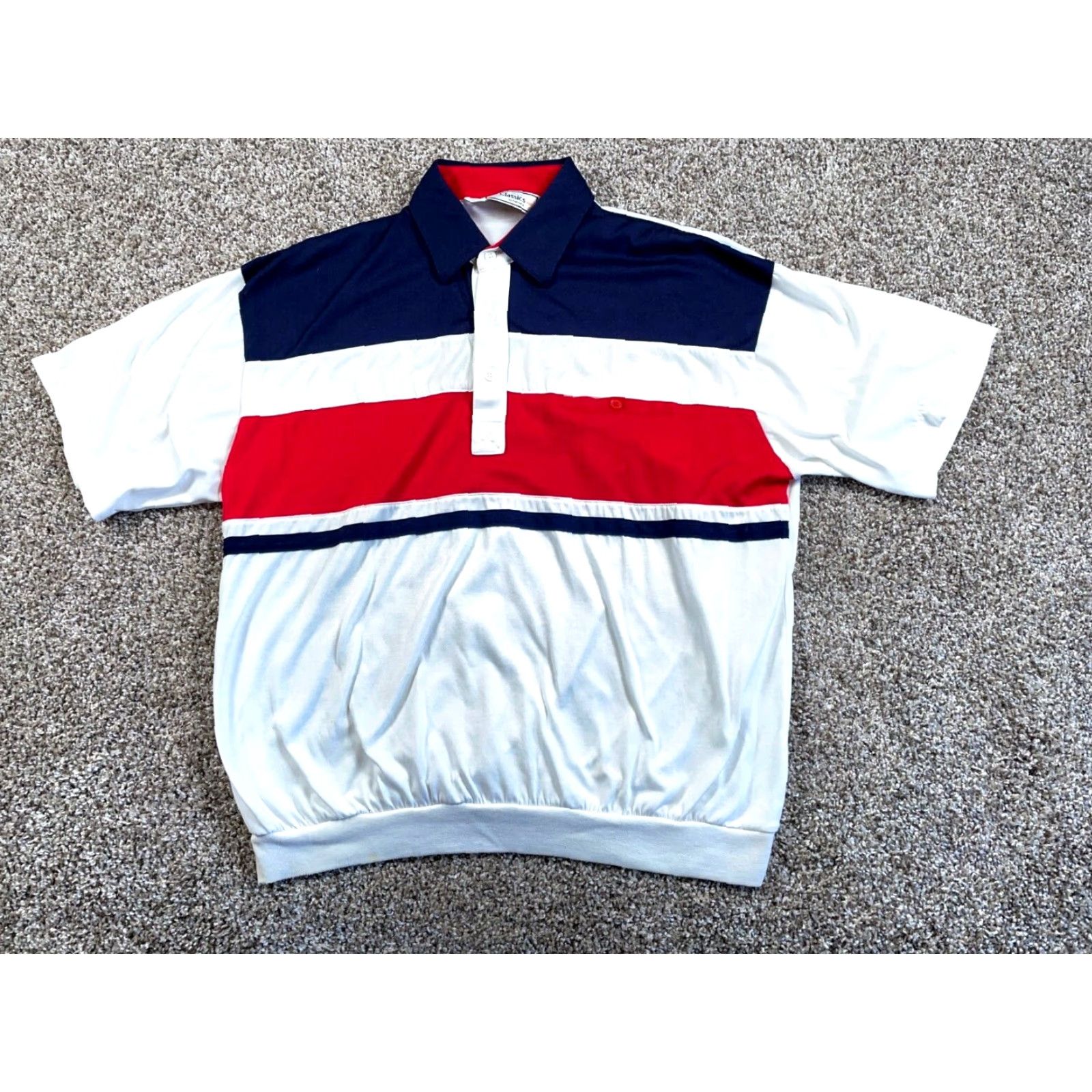Vintage VTG 80s Striped Pattern Polo Shirt Adult Medium White Red Blue Banded Hem Size US M / EU 48-50 / 2 - 2 Thumbnail