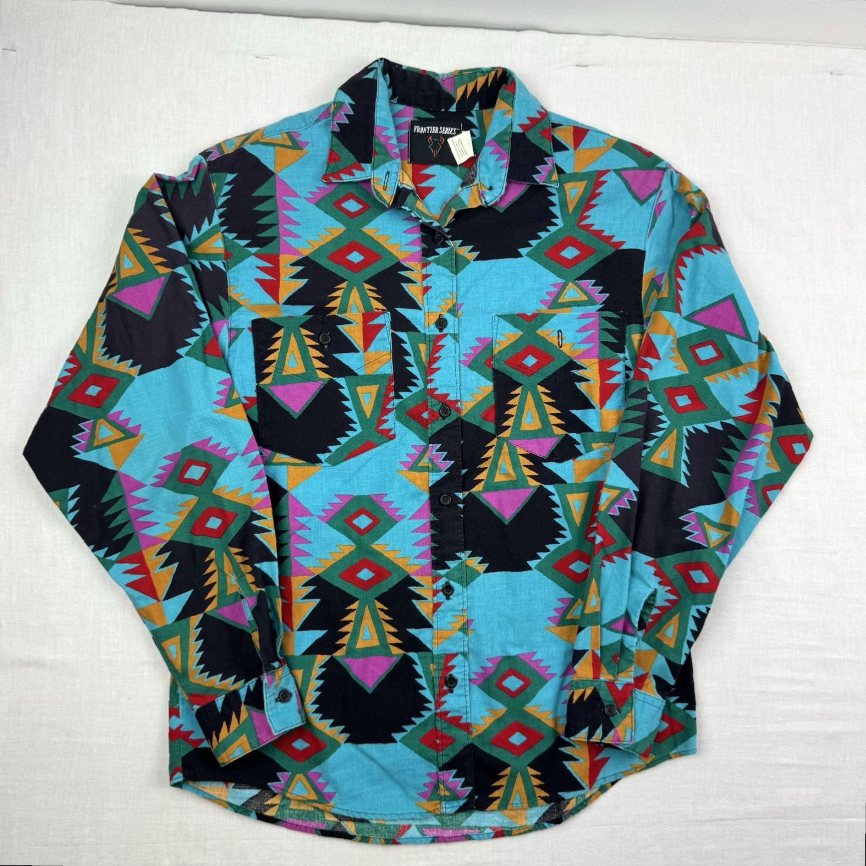 Vintage VINTAGE Frontier Button-Up Shirt Womens M Blue Geometric 90s Aztec Western Cowboys Size M / US 6-8 / IT 42-44 - 2 Thumbnail