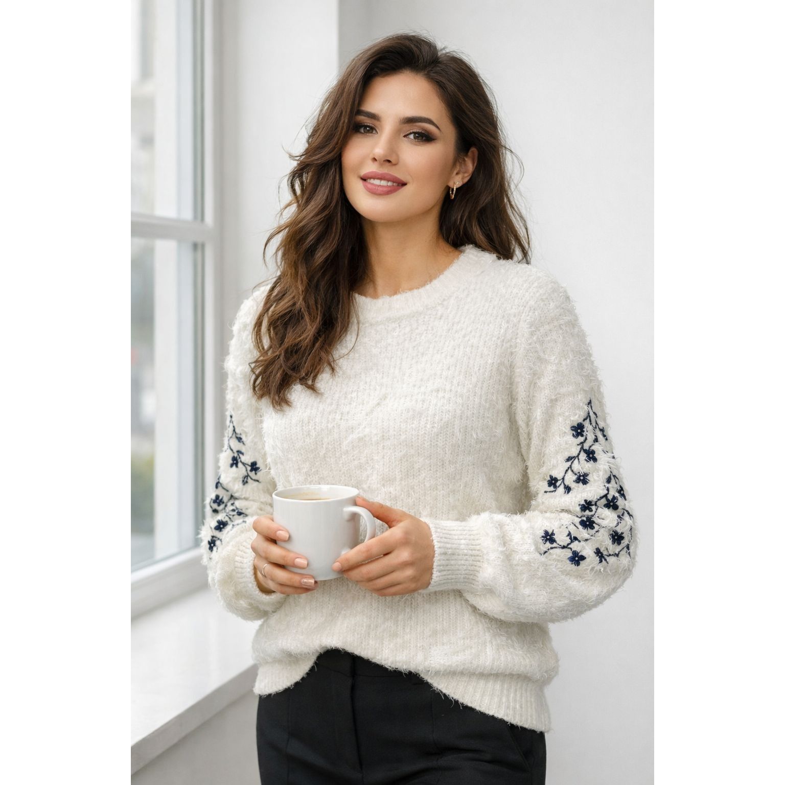 Woven Heart Large Ivory Fuzzy Floral Embroidered Sweater Cot