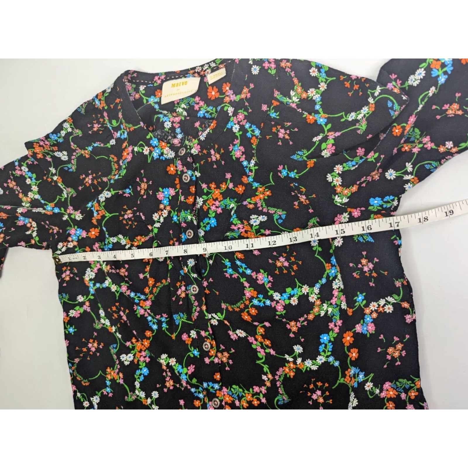Anthropologie Maeve by Anthropologie Women's Avignon Button Down Black Floral Blouse XS Regular Crew Neck Button Long Sleeve Lightweight Summer Size XS / US 0-2 / IT 36-38 - 5 Thumbnail
