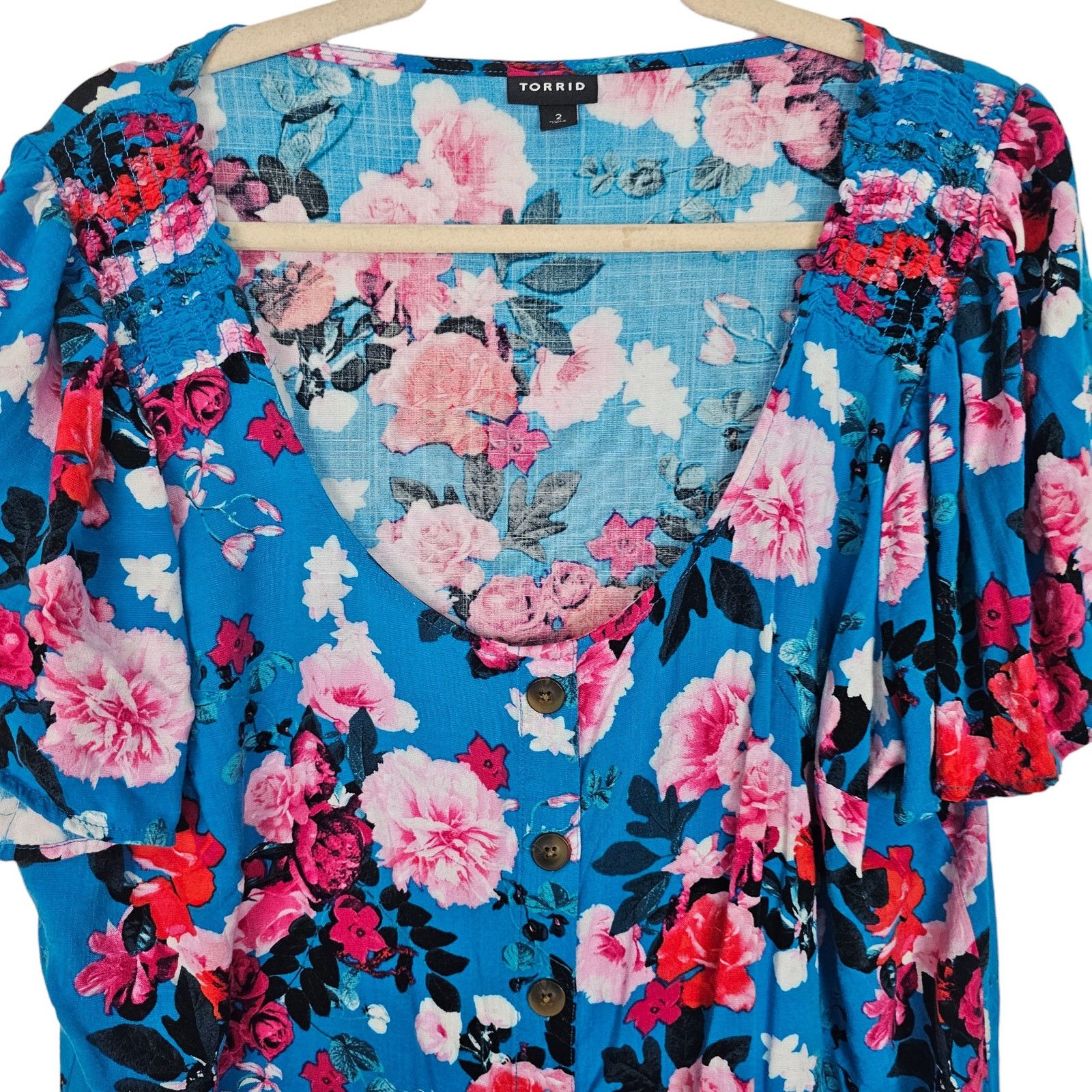 Torrid Torrid Womens Floral Button Top Plus Sz 2X Smocked Shoulders Size XXL / US 16-18 / IT 52-54 - 3 Thumbnail