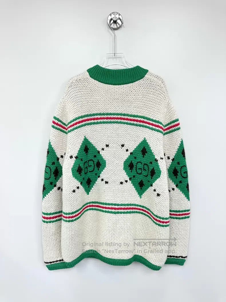 Gucci Gucci White and green diamond pattern GG knitted thick plu Size M / US 6-8 / IT 42-44 - 2 Thumbnail