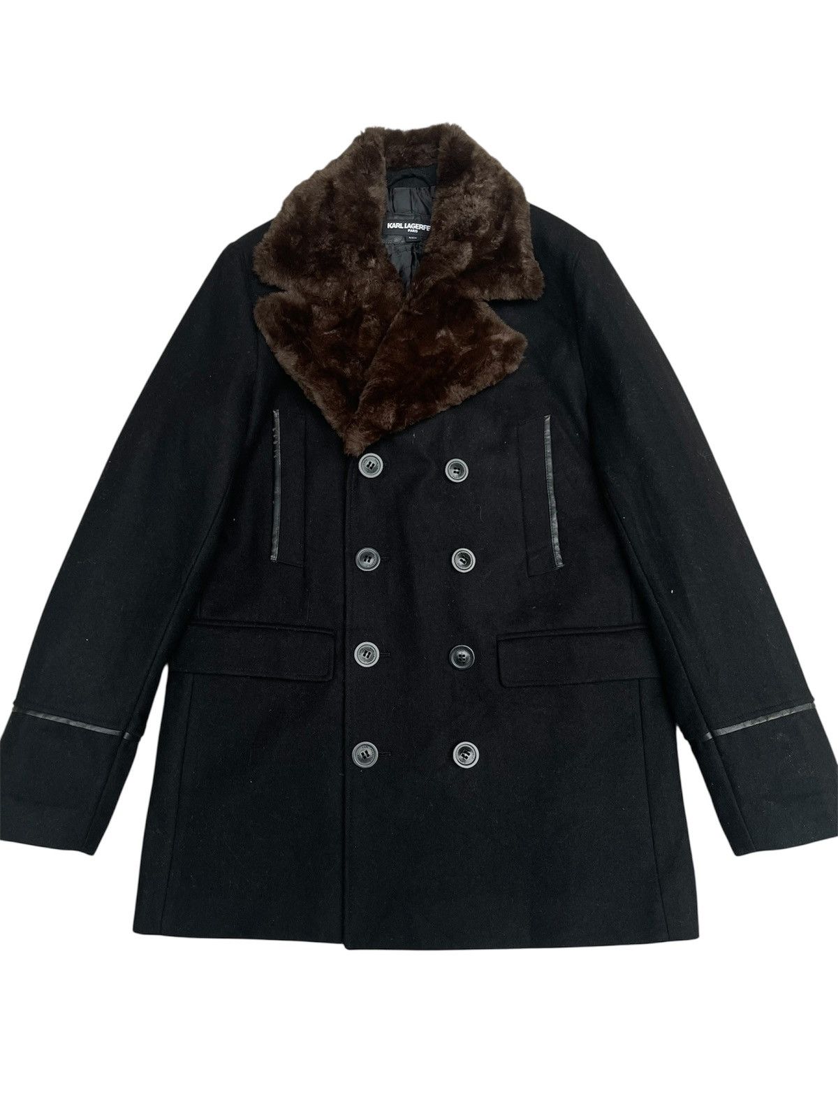 Karl Lagerfeld Paris Double Breasted Fur Collar Wool Jacket