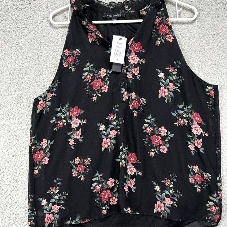 Supply & Demand Supply Demand Women Large Black Floral Henley Sleeveless Blouse Size L / US 10 / IT 46 - 2 Thumbnail