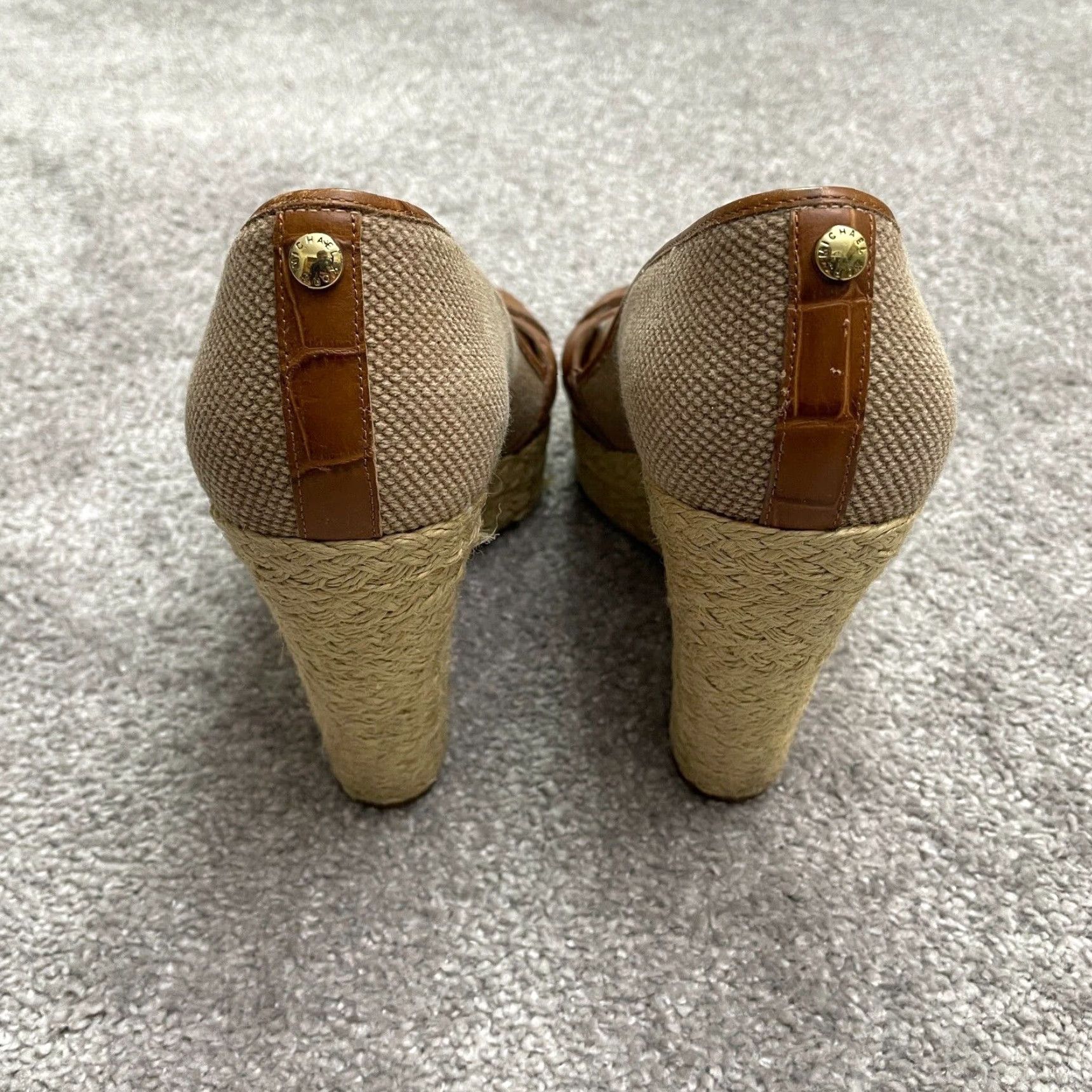 Michael Kors Micheal Michael Kors Wedge Sandals Womens 9M Brown Slip On Espadrille Peep Toe Leather Upper Cork Insole Logo Breathable Comfort Size US 9 / IT 39 - 4 Thumbnail