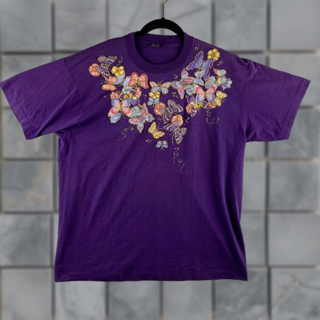 Fruit Of The Loom VINTAGE Fruit of the Loom Shirt Womens XL Purple Butterfly Embroidered Logo 90s Theme Casual Short Sleeve Cotton Blend Regular Women's T-Shirt Size XL / US 12-14 / IT 48-50 - 1 Thumbnail