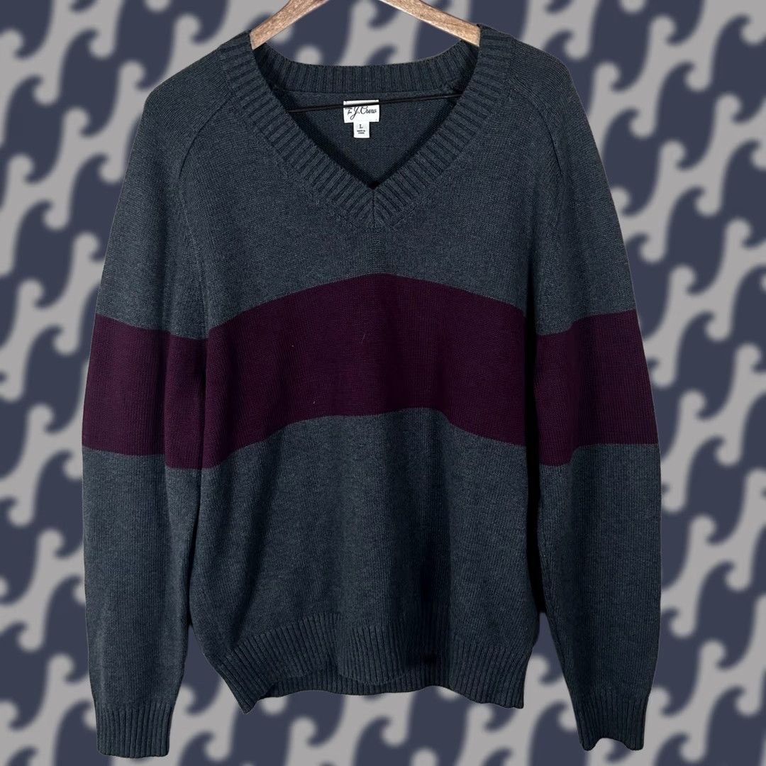 J.Crew J. Crew Mens V-Neck Cotton Knit Sweater Gray Burgundy Stripe Size L Size US L / EU 52-54 / 3 - 1 Thumbnail