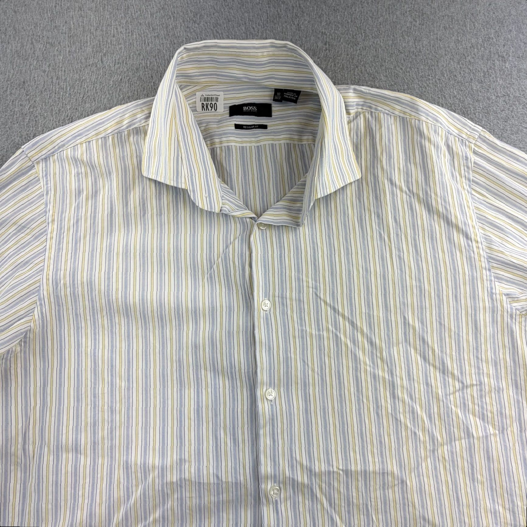 Hugo Boss HUGO BOSS Dress Shirt Mens 18 34/35 Blue Yellow Stripe Regular Fit Long Sleeve Shirt Size 48R - 7 Thumbnail