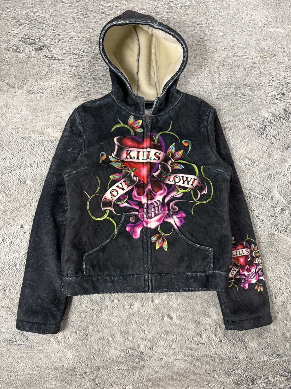 Ed Hardy zip hoodie black red vintage Y2K faux fur