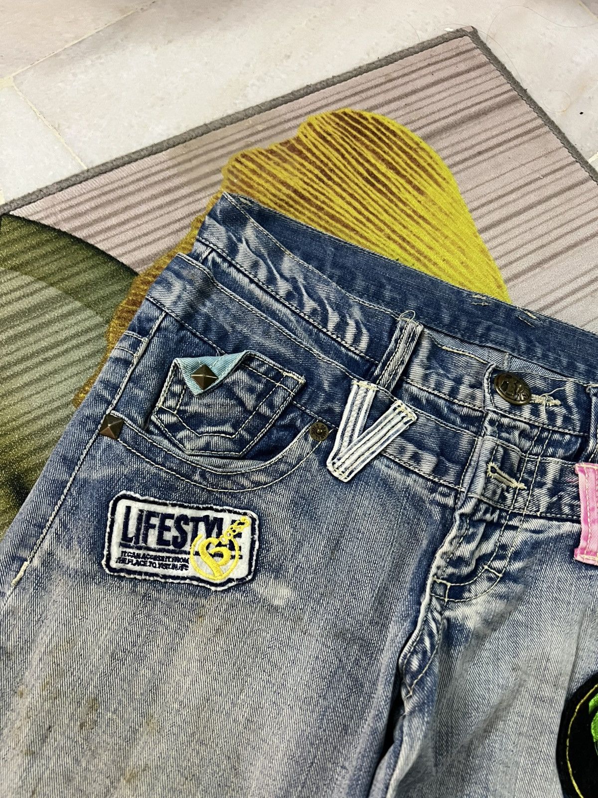 If Six Was Nine 💥Double Waist💥Japanese Unbrand Distress Patchwork Jean Size US 31 - 10 Thumbnail