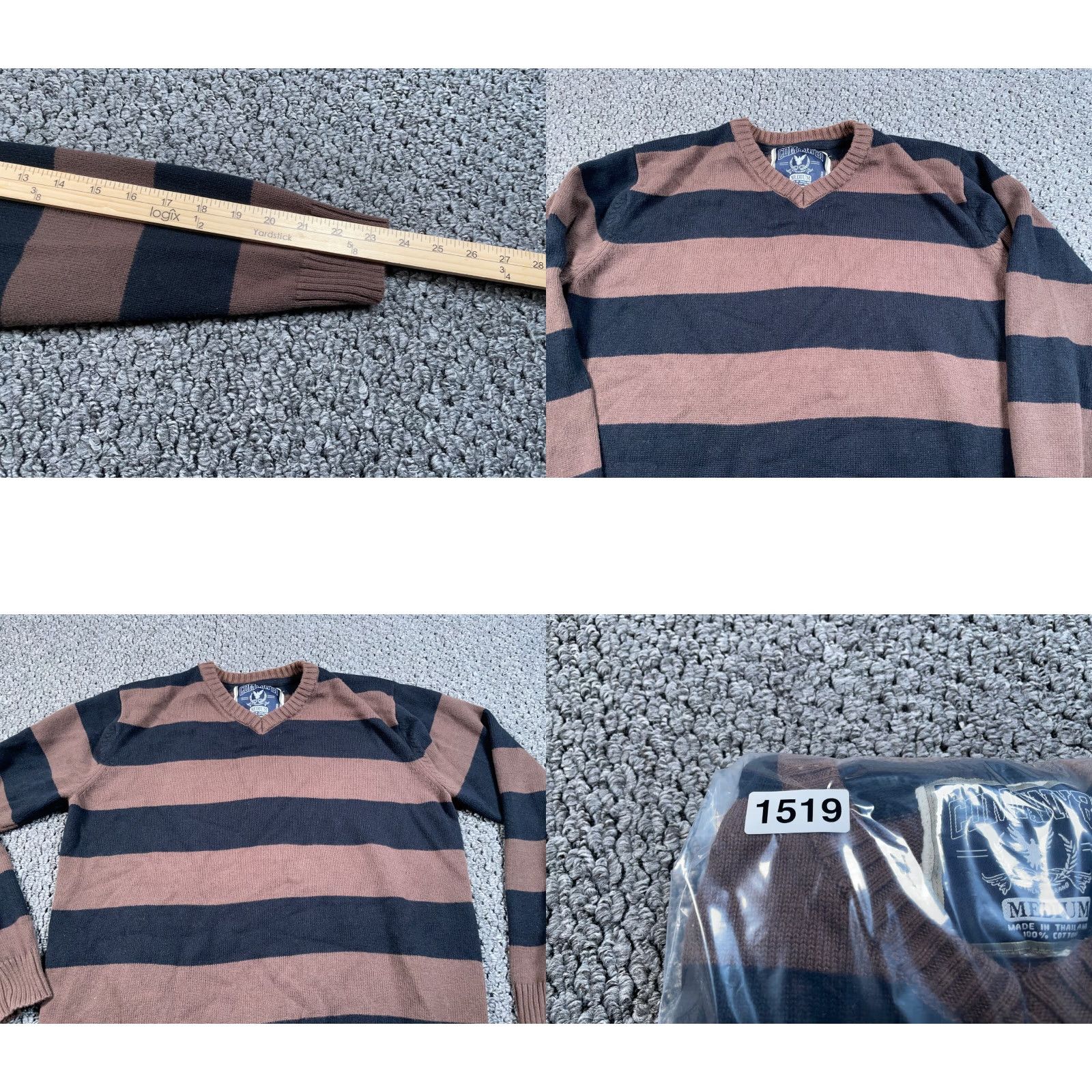 Vintage Company 81 Sweater Adult Medium Brown Striped V-Neck Cotton Knit Heavyweight Pullover Preppy Hipster Mens Size US M / EU 48-50 / 2 - 8 Thumbnail