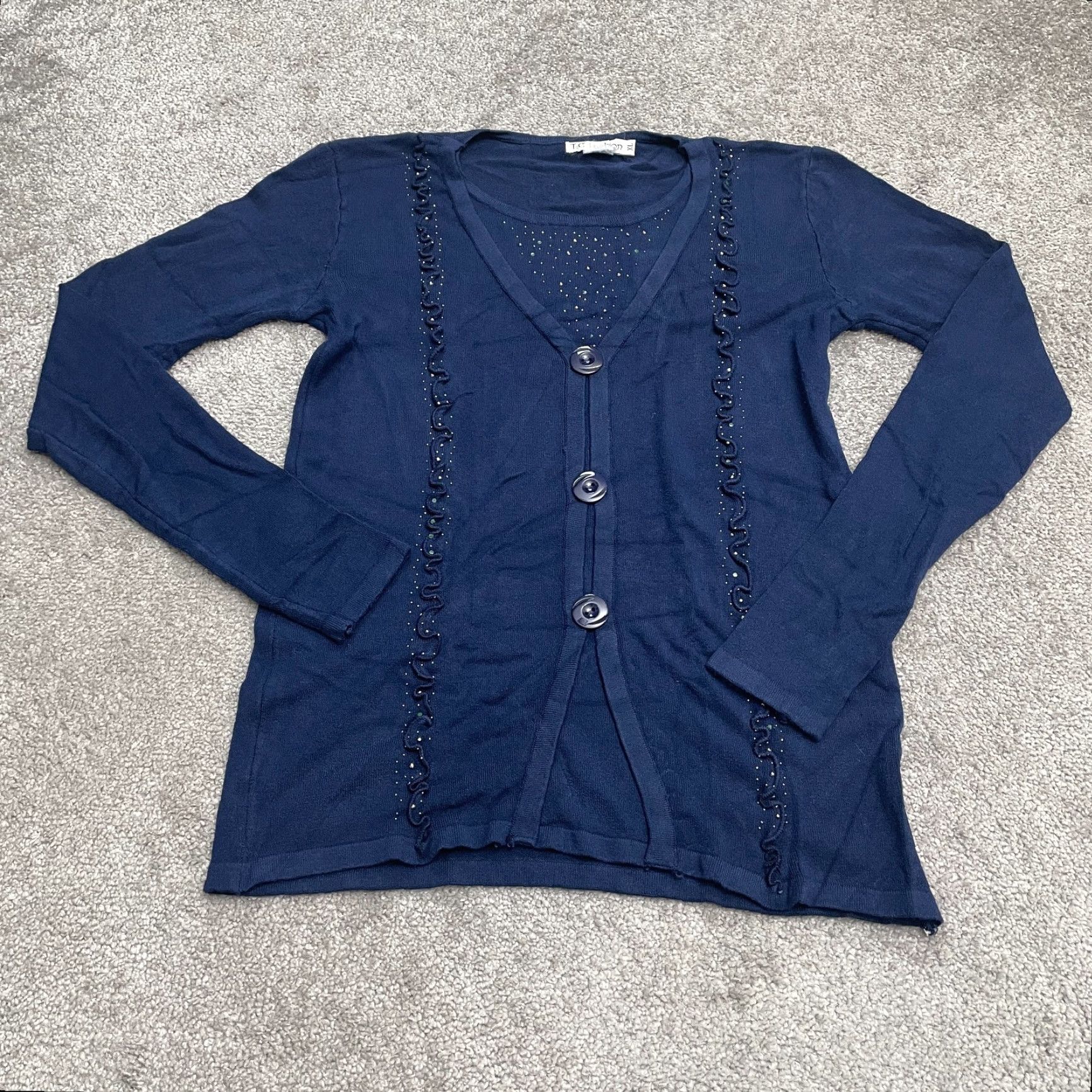 Vintage T-C Fashion Cardigan Sweater Womens XL Navy Blue Button Down Knit Casual Studded All Seasons Size XL / US 12-14 / IT 48-50 - 2 Thumbnail