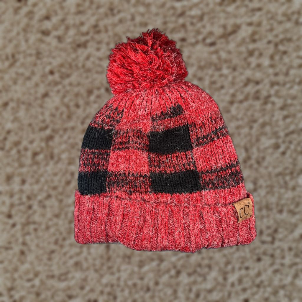 Vintage C.C Exclusive Beanie Toque Women One Size Red Black Plaid Knit 100% Acrylic Pom Beanie Hat Womens Size ONE SIZE - 1 Thumbnail