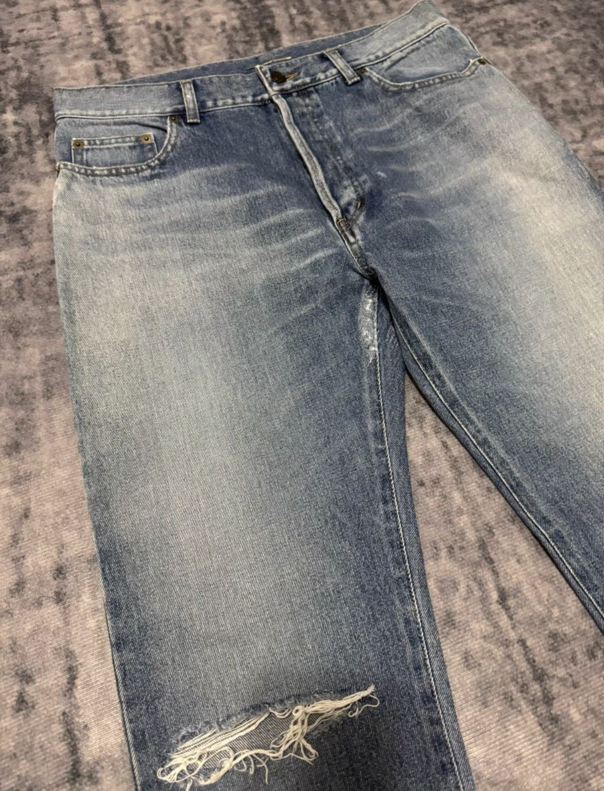 Saint Laurent Paris SLP 16SS Runway "Cat Paw" Light Blue Patch Slash Denim Jeans Size US 33 - 3 Thumbnail