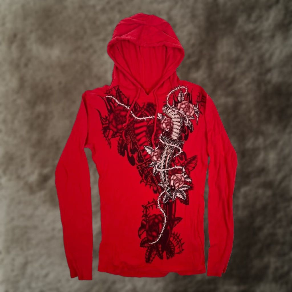 Vintage VINTAGE Gothic Rose Dagger Shirt Womens S/M Red Hooded Long Sleeve Rhinestone Y2K Size S / US 4 / IT 40 - 1 Thumbnail