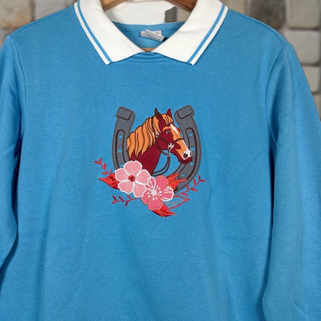 Vintage Adrian Delafield Horse Sweatshirt Women M Collared Horseshoe Equestrian Blue Size M / US 6-8 / IT 42-44 - 1 Thumbnail