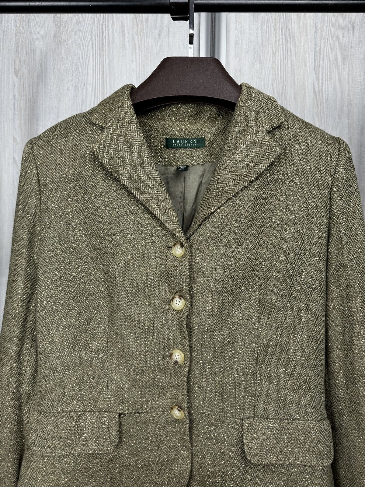 Lauren Ralph Lauren Ralph Lauren Green Gold Metallic Herringbone Blazer Linen Size M / US 6-8 / IT 42-44 - 3 Thumbnail