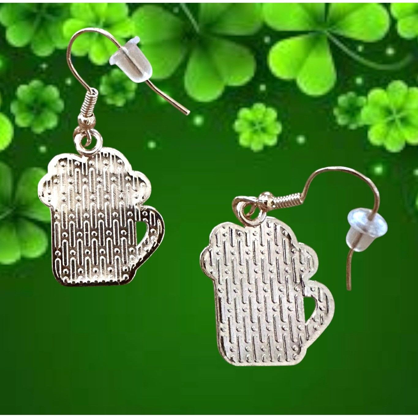 Handmade St Patricks Day Earrings Beer Four Leaf Clover Dangle Hooks Size ONE SIZE - 11 Thumbnail