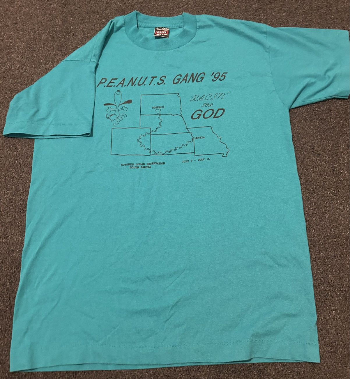 Vintage 1995 Racin For God Peanuts Gang Snoopy Large turquoise Tee Size US L / EU 52-54 / 3 - 2 Thumbnail